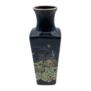 Vintage Imperial Dynasty by MANN Black Porcelain Vase Gold Trim Floral Design 7"